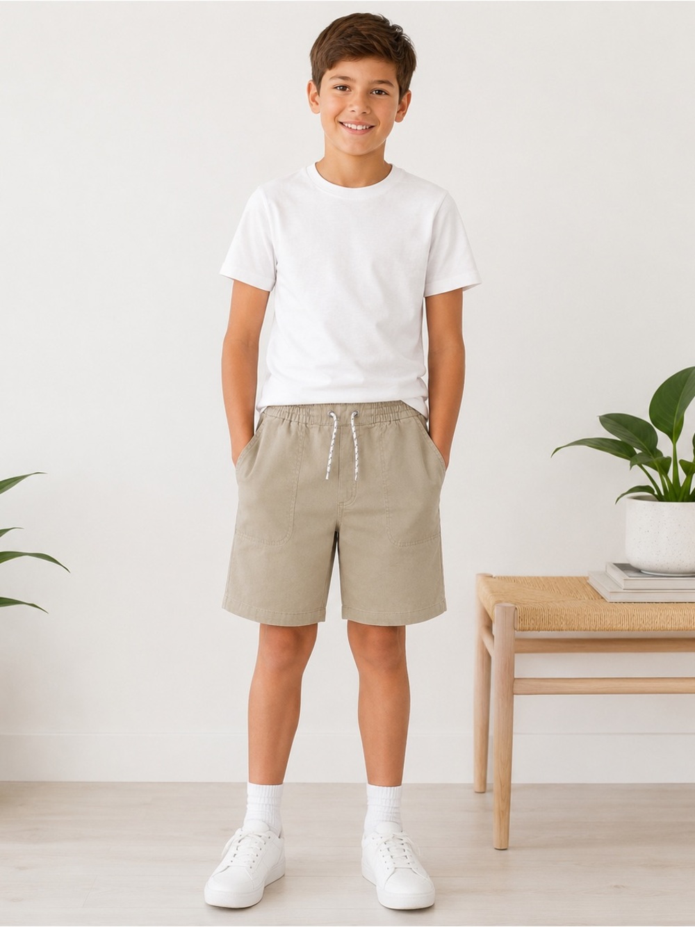 NWOT Janie and Jack Boys Khaki Pull-On Shorts Size 12 Elastic Drawstring Chino